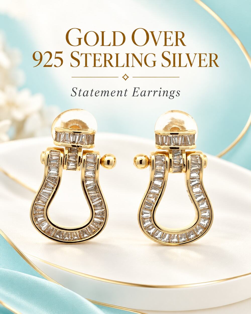 925 Sterling Silver with Gold over Horsebit Baguette Earrings*Giftable Beauties